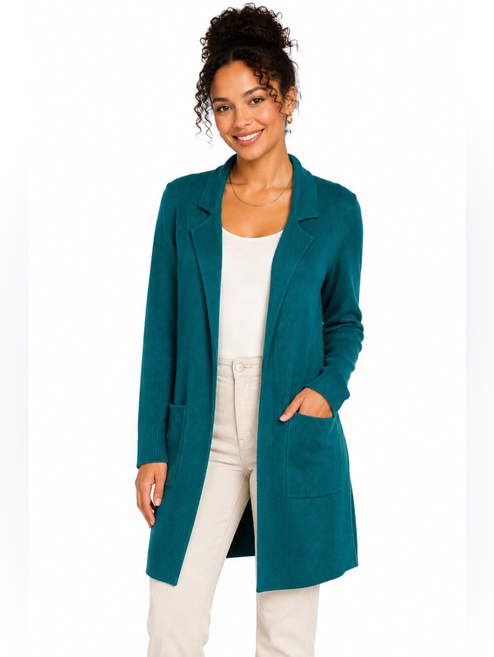 Chico's Teal Cotton Longline Open Cardigan Sweater Jacket Size 0 Small